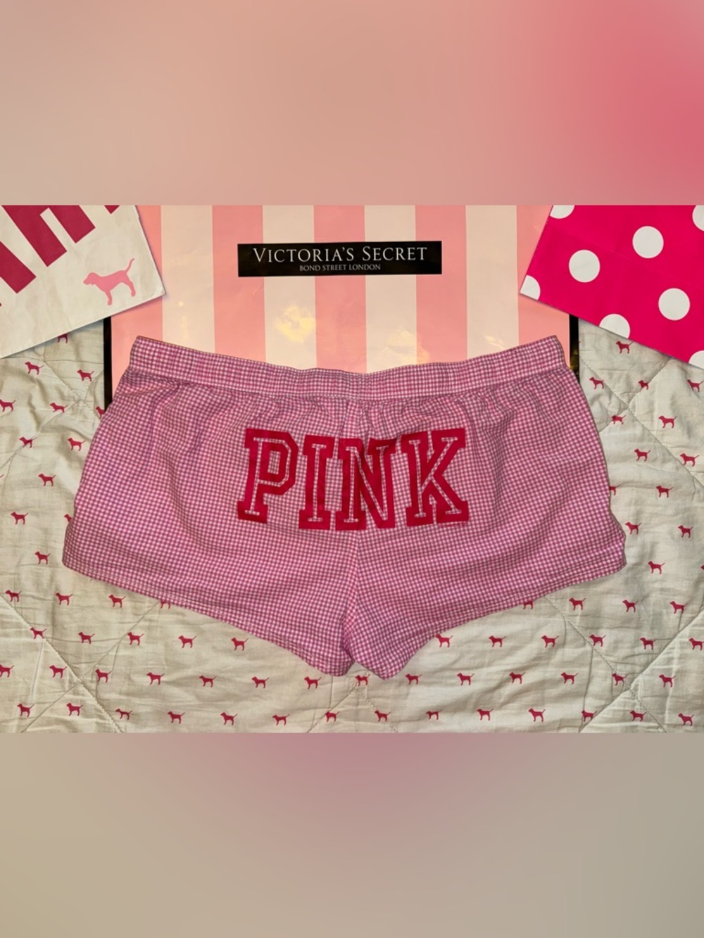 VS PINK VINTAGE Y2K BOXER BOOTY SHORTS SATIN BOW GINGHAM CHECKERED LOGO RARE LG